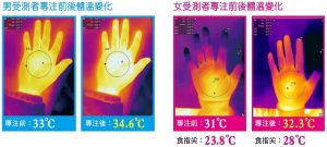 男女受測者專注前後體溫變化