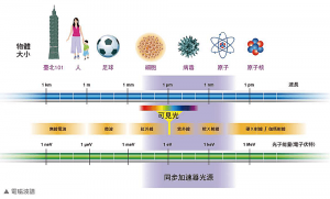 「同步加速器光源」的波長範圍涵蓋紅外光、可見光、紫外光及X光等，因波長連續、亮度極高、截面積小等特性，可幫助人類觀察細胞、病毒及原子等微觀世界。