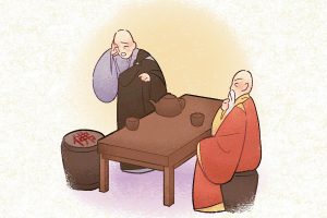 道信禪師（右）在法融禪師的座位上寫了一個「佛」字