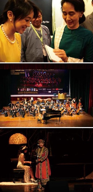 （上）黃凱盈（黃衣者）在緬甸邀請翁山蘇姬（綠衣者）共同舉辦音樂節活動。 （中）黃凱盈（演奏鋼琴者）與台北市民交響樂團在緬甸仰光國家劇院的表演。 （下）2015年12月14日，黃凱盈（演奏鋼琴者）在台北中山堂舉辦「我的故鄉」音樂會，結合原住民文化演出，創意十足。