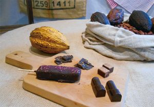 巧遇農情秉持照顧小農的初衷，推出「屏東」和「南投」兩款特色巧克力薄片（左後順時鐘起），另有生巧克力、夾餡巧克力和獨家商品「法式豬血糕」