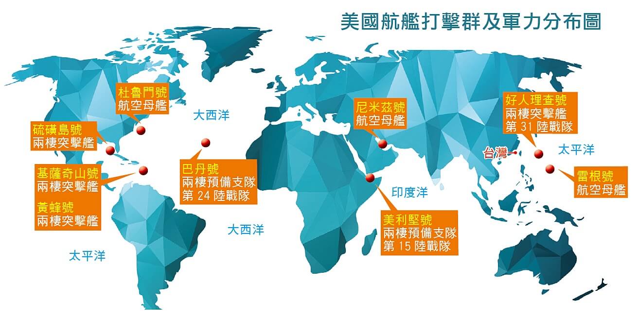 美國航艦打擊群及軍力分布圖