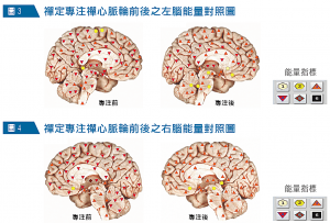 禪定專注禪心脈輪前後之大腦頂視能量對照圖